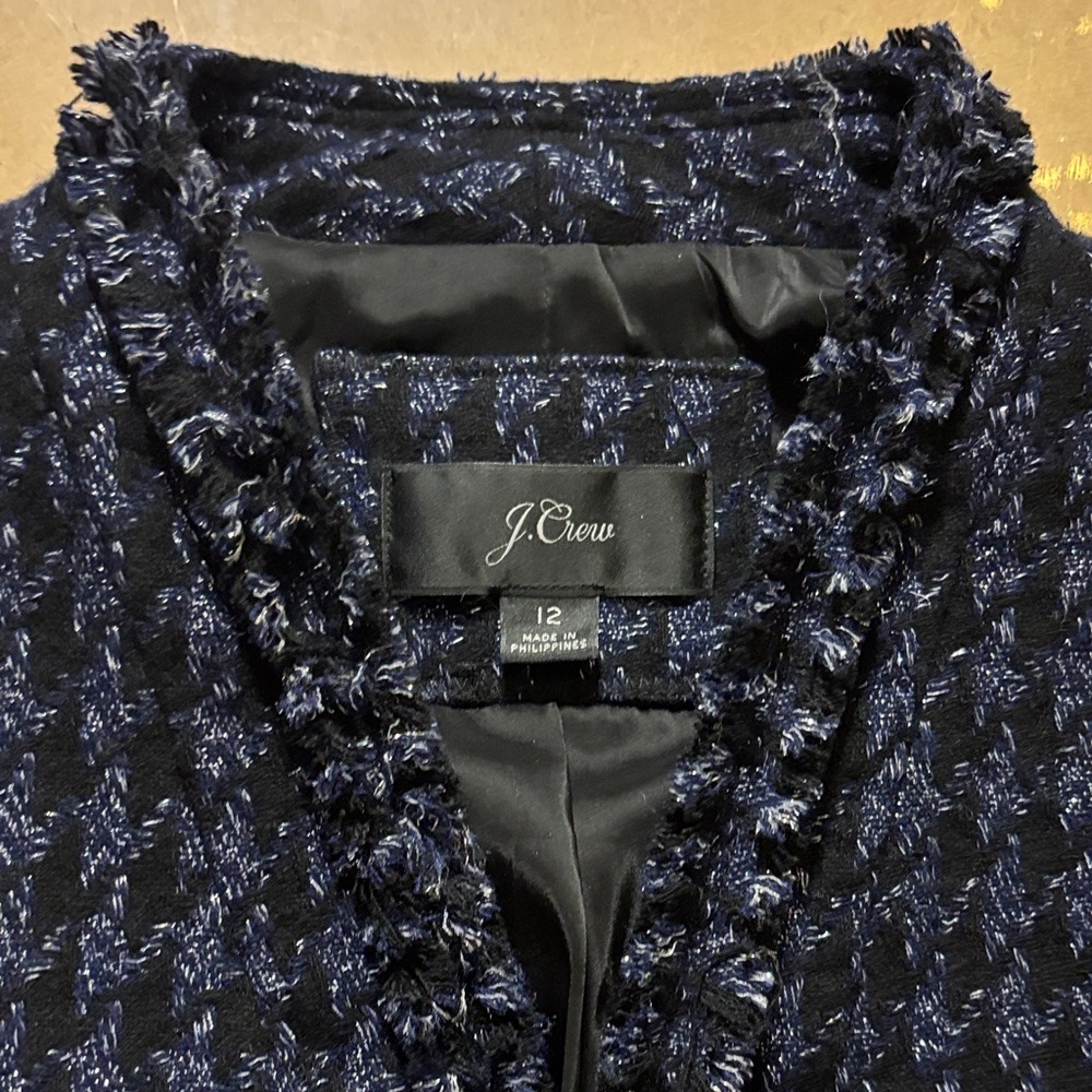 J. Crew Navy & Black Herringbone Tweed Jacket & Skirt SUIT with silver thread 12 - Picture 2 of 8